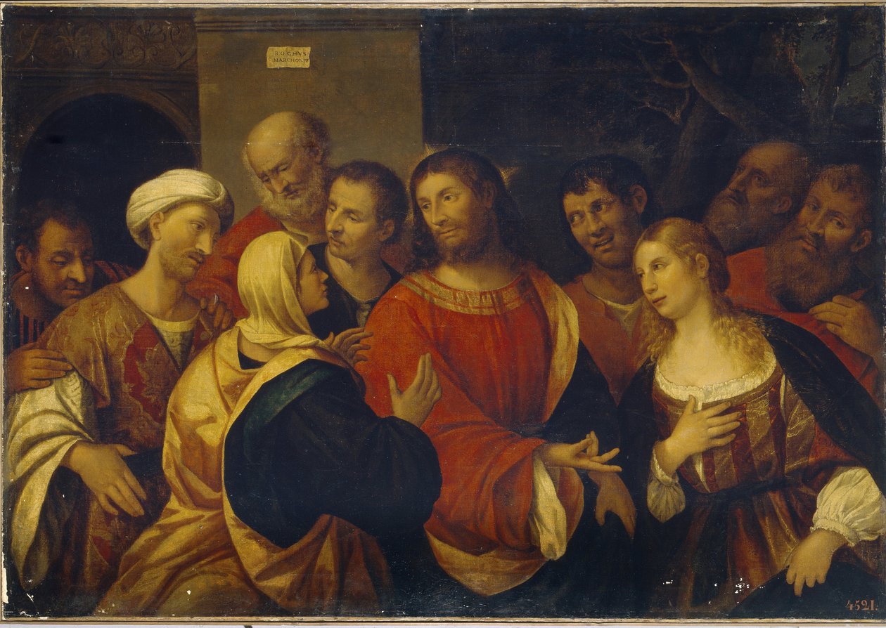 Krisztus Márta és Mária házában. (Krisztus Márta és Mária házában). Marthe és Marie de Bethanie nővérek üdvözlik Jézust és tanítványait. Rocco Marconi (kb. 1490-1529) festménye, olaj, vászon. Olasz művészet (Velence) alkotó: Rocco Marconi