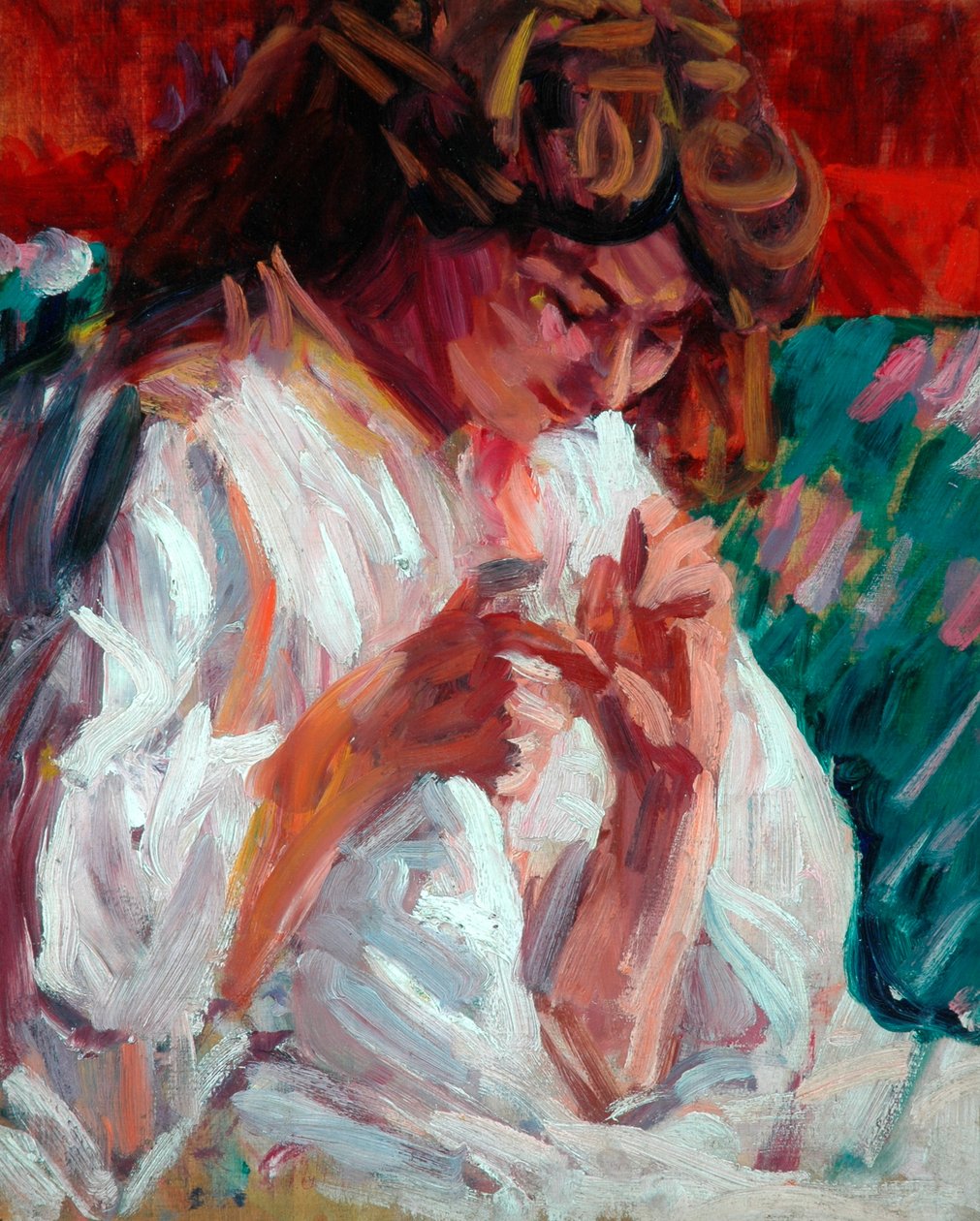 Girl Mending, 1901 (olaj, rétegelt lemez) alkotó: Roderic O Conor