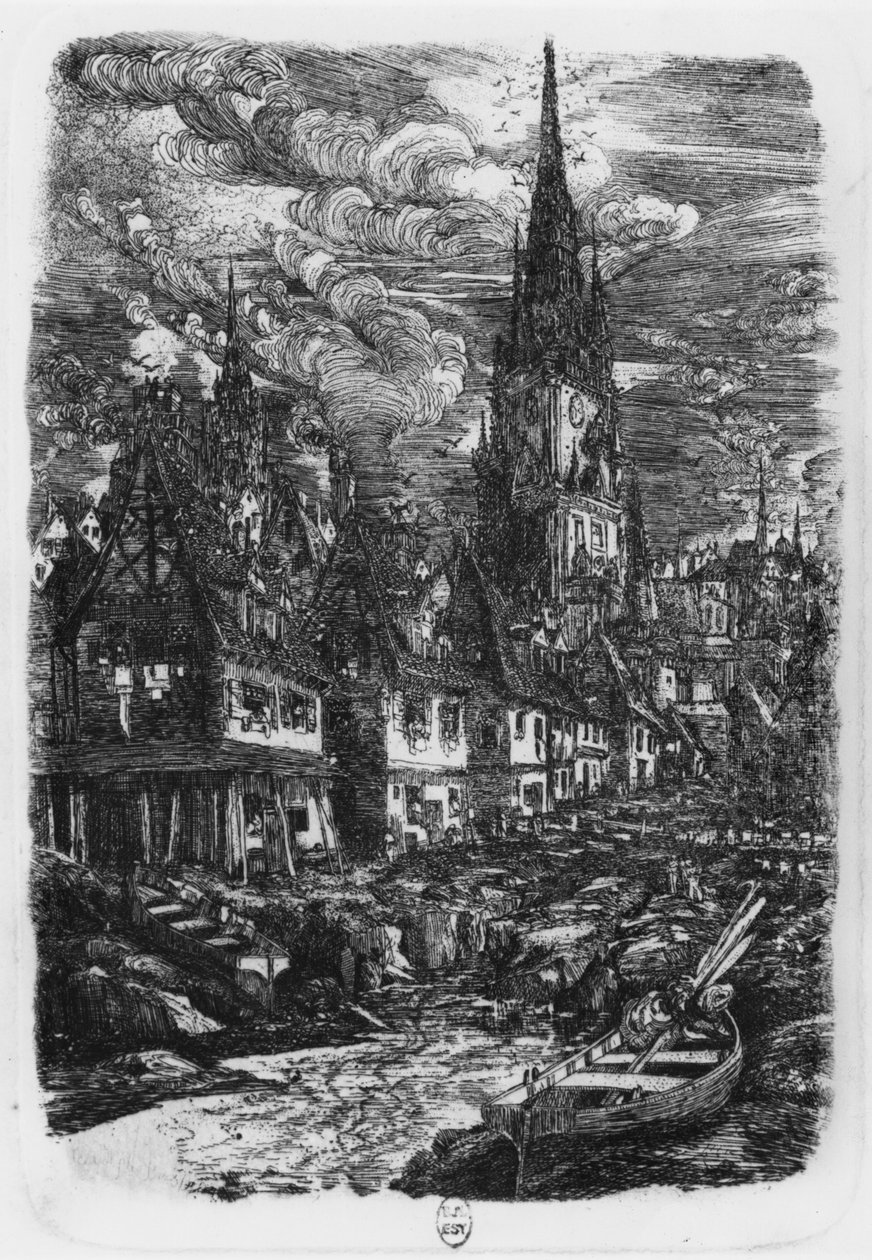 Halászkikötő hegyes toronnyal, 1860 alkotó: Rodolphe Bresdin