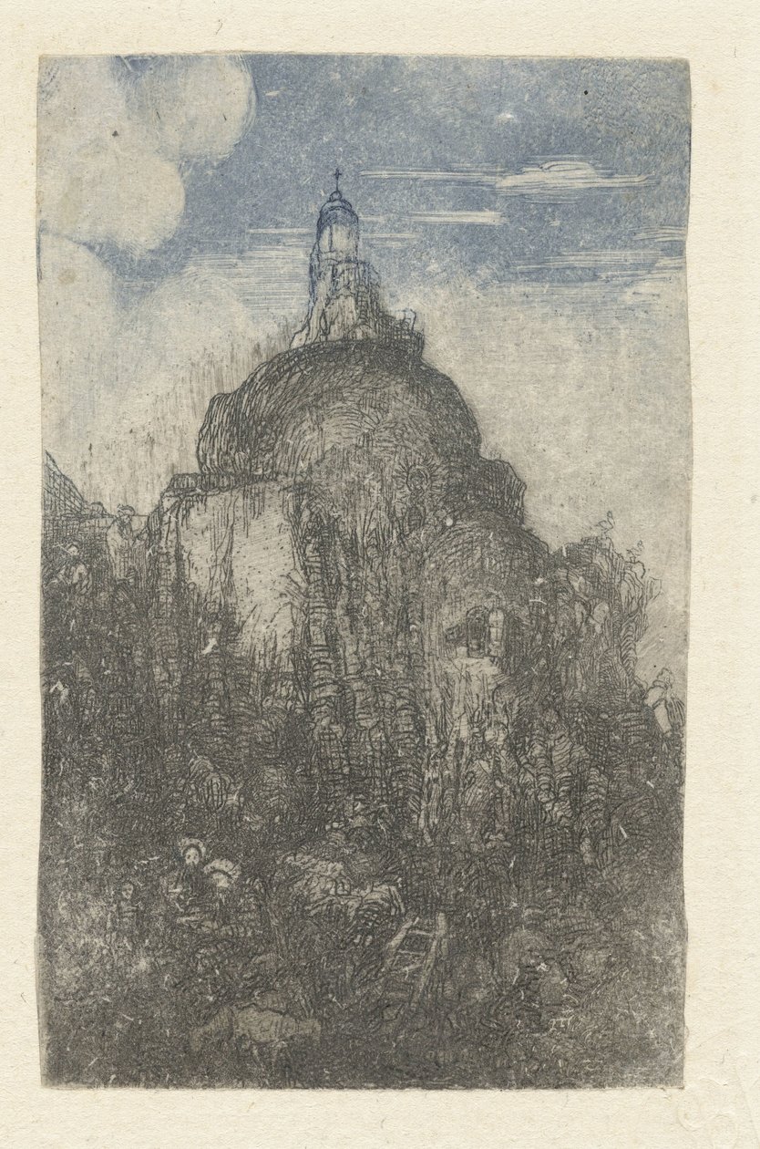 Sziklára építve és a szikla tövében pihenő pásztorok birkákkal Le Phare Chapelle alpestre alkotó: Rodolphe Bresdin