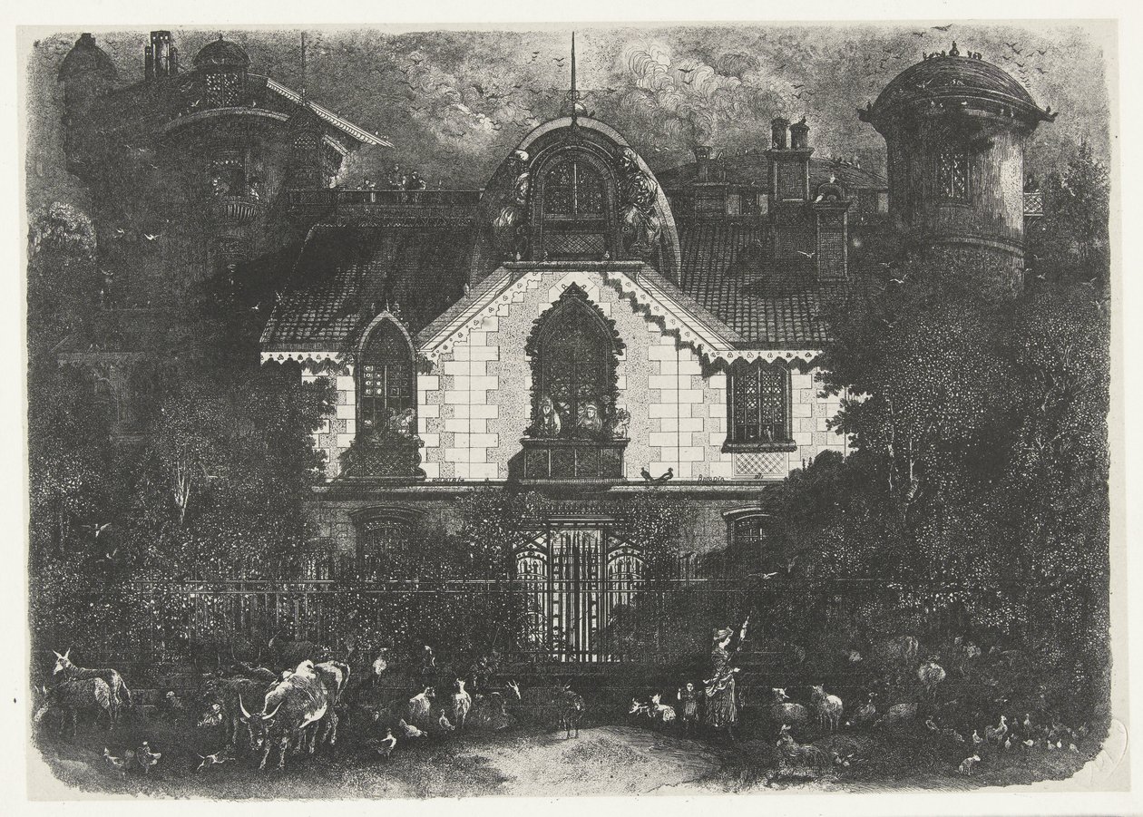 Ház toronnyal a kerítés mögött és pásztorlány szarvasmarhákkal La maison enchantee alkotó: Rodolphe Bresdin