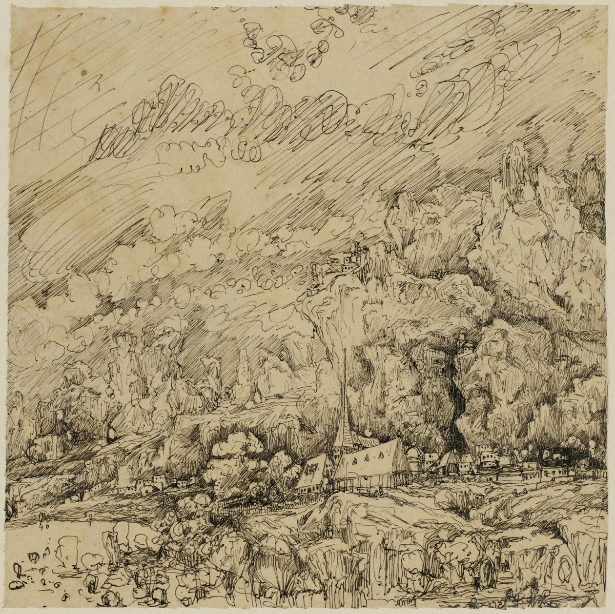 Tájkép egy régi templommal alkotó: Rodolphe Bresdin