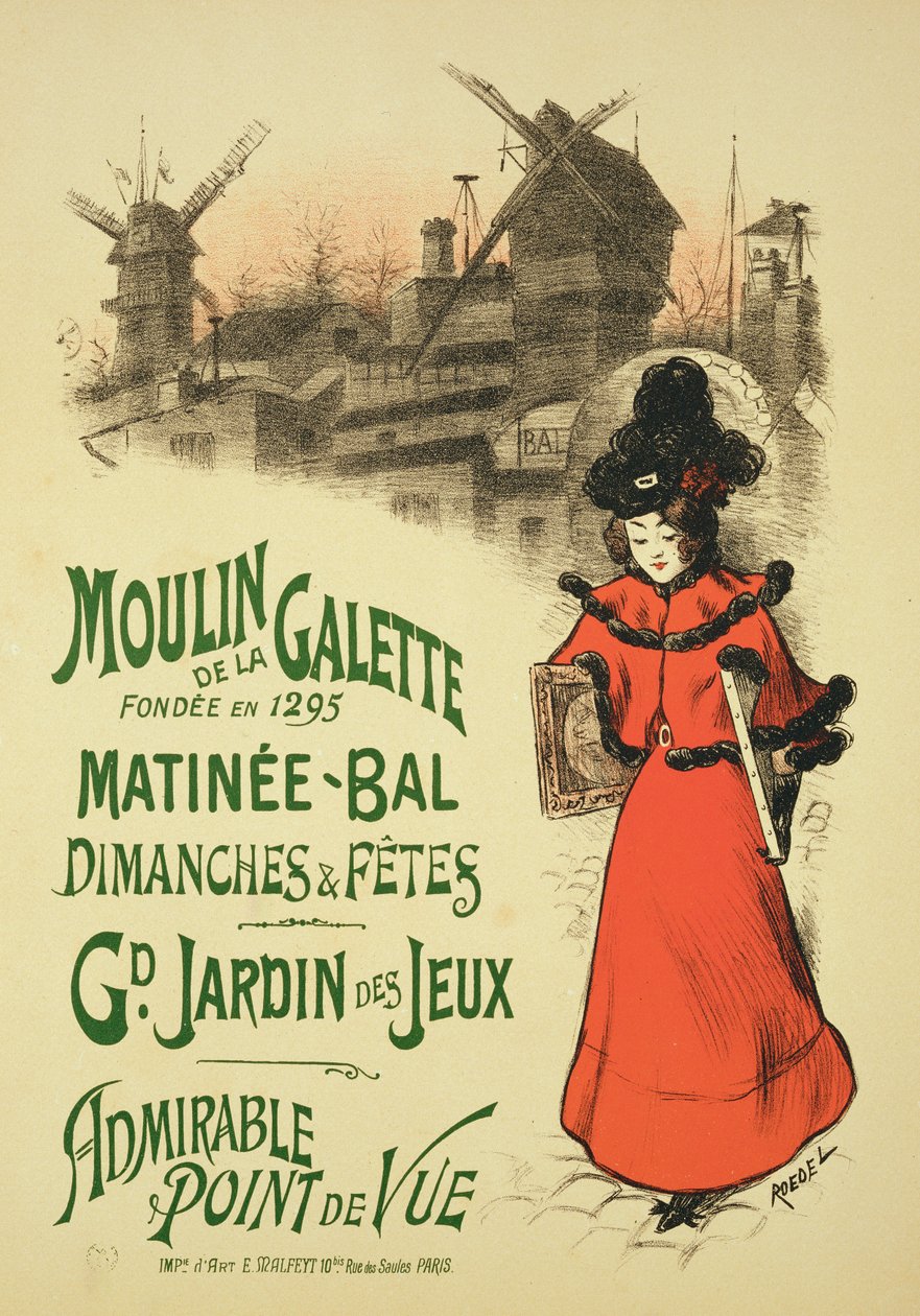 A "Moulin de la Galette" matiné bált hirdető plakát reprodukciója, 1896 (lásd 124022) alkotó: Roedel