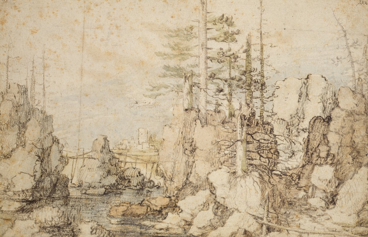 Erdős és sziklás táj, 1606-07 körül (fekete és színes kréta és wc papíron) alkotó: Roelandt Jacobsz. Savery