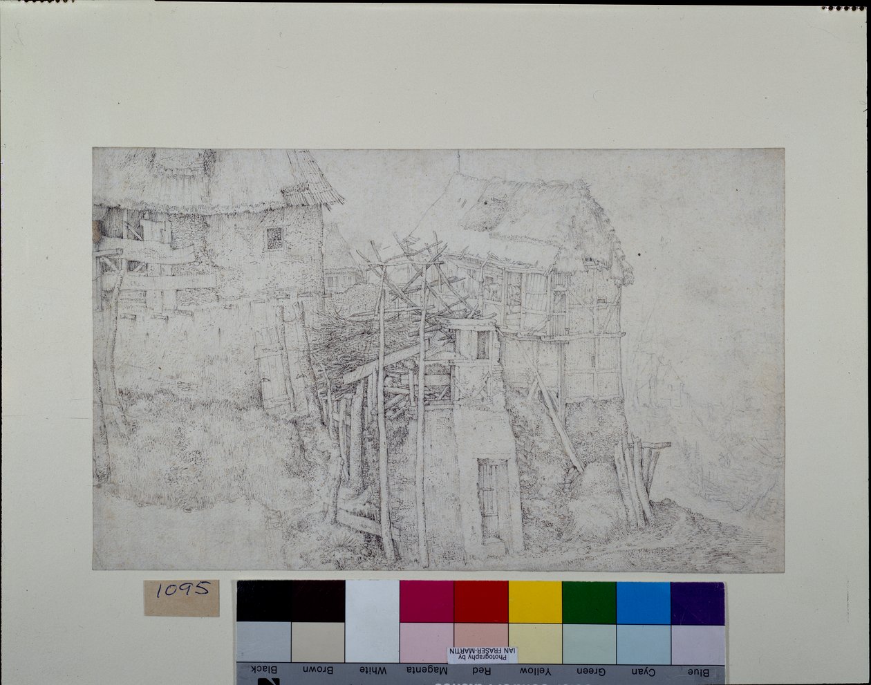 Nádfedeles házak, részben romokban, hegyoldalban (papíron toll és tinta krétával) alkotó: Roelandt Jacobsz. Savery