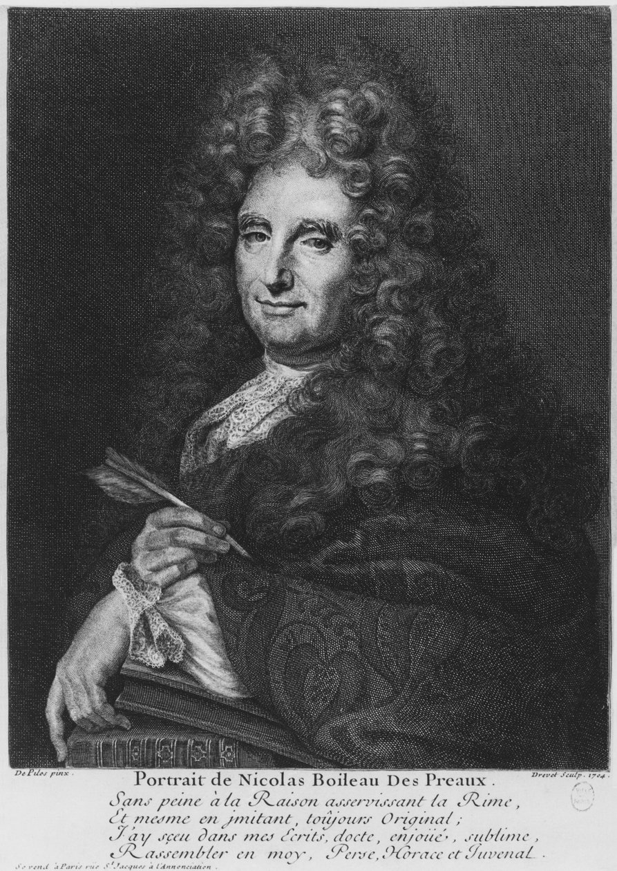 Nicolas Boileau, Boileau-Despreaux néven ismert portréja, Pierre Drevet (1663-38) metszete 1704 alkotó: Roger de Piles