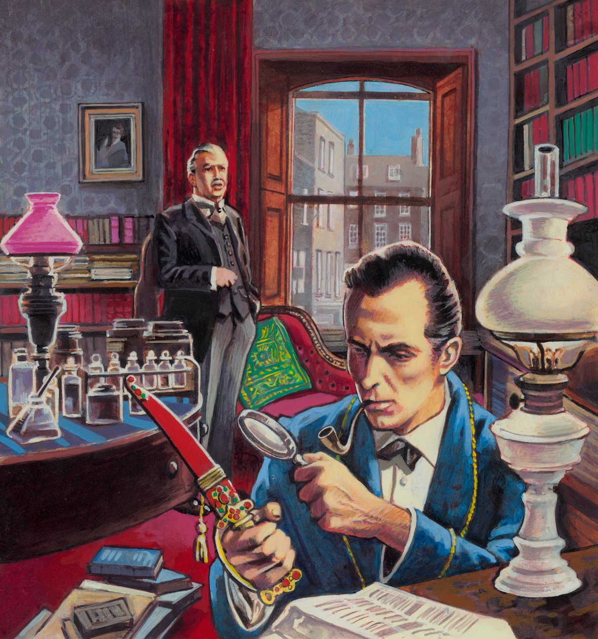 Sherlock Holmes a dolgozószobájában (gouache, papír) alkotó: Roger (after) Payne