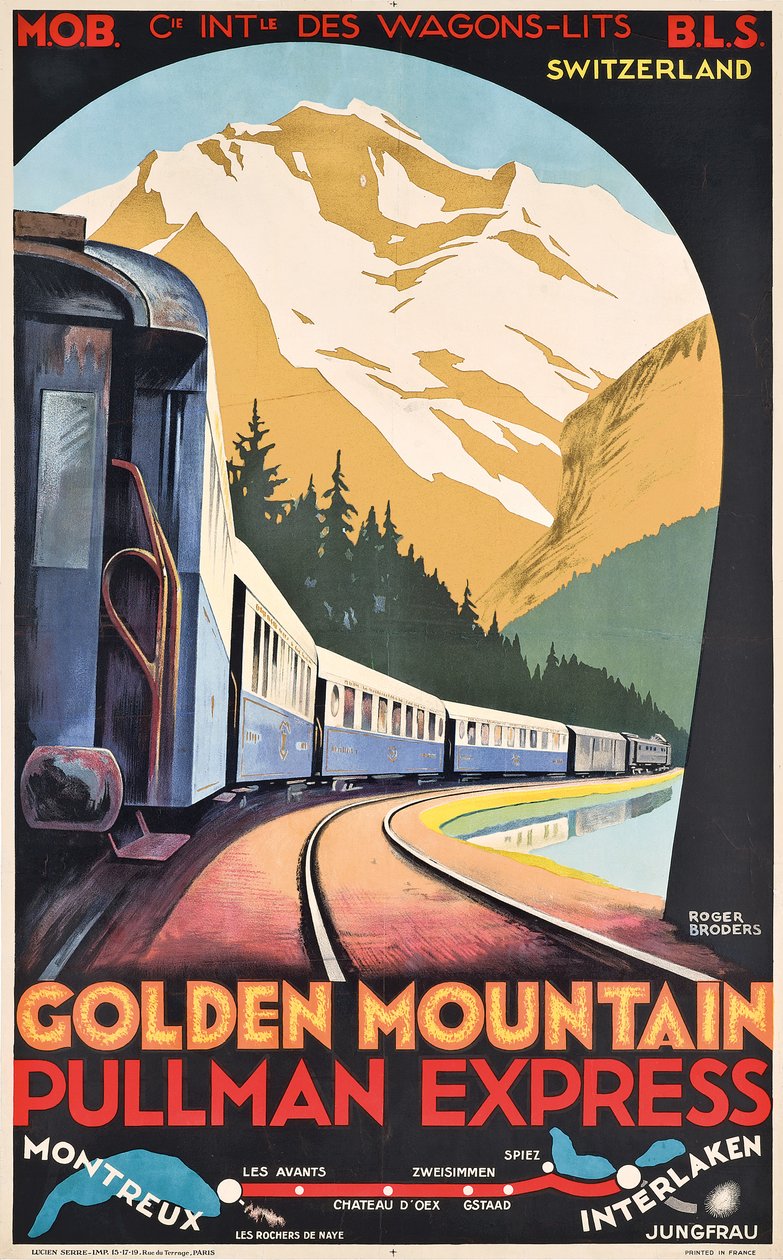 A Compagnie Internationale des Wagons-Lits plakátja, amely a Golden Mountain Pullman Expresszt reklámozza, 1930 körül (színes litográfia). alkotó: Roger Broders