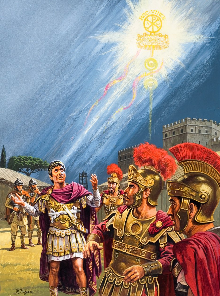 Konstantin látomása a keresztény keresztről a milviai hídnál vívott csata előtt (gouache, papír) alkotó: Roger Payne
