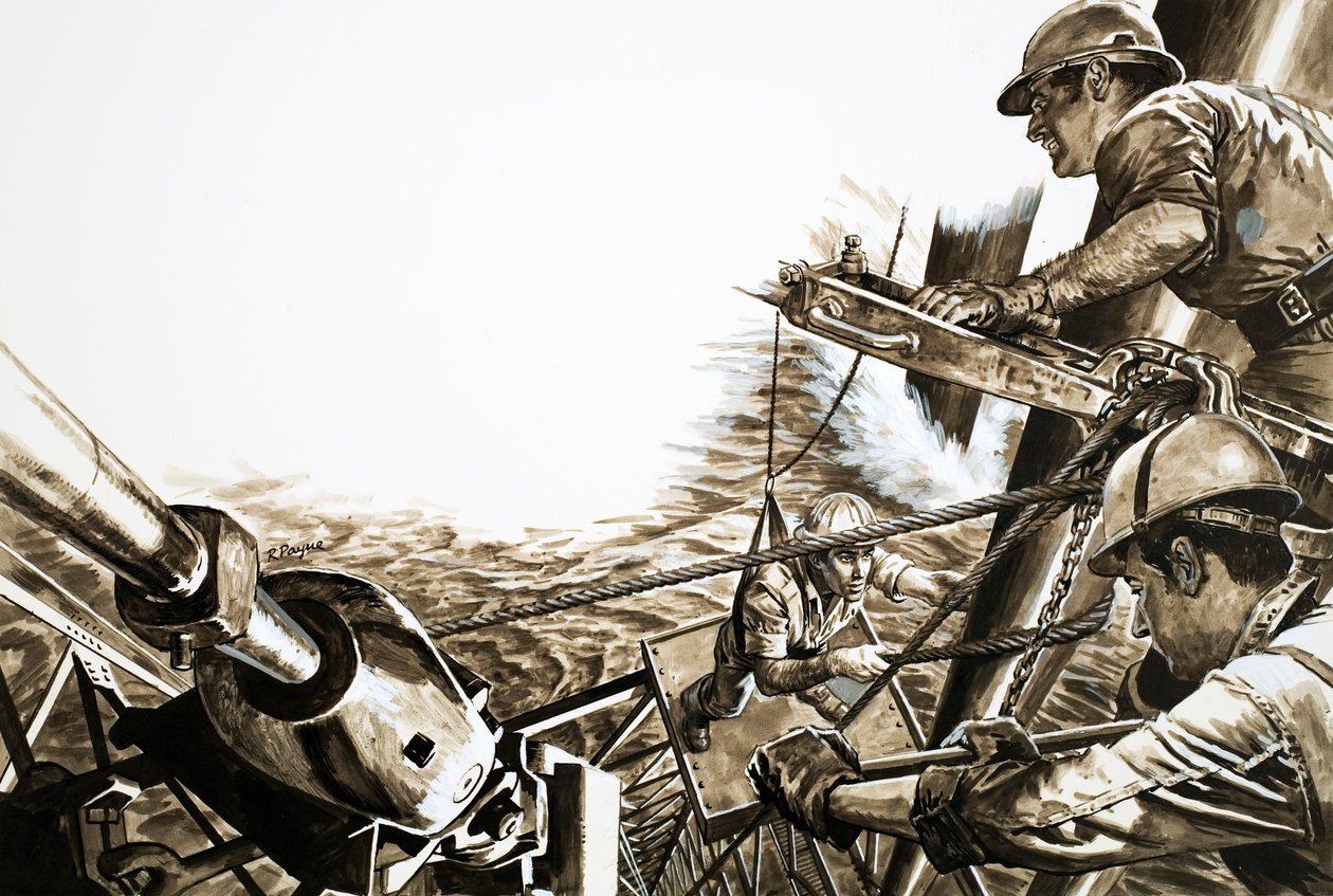 Olajosok egy északi-tengeri fúrótornyon (gouache, papír) alkotó: Roger Payne