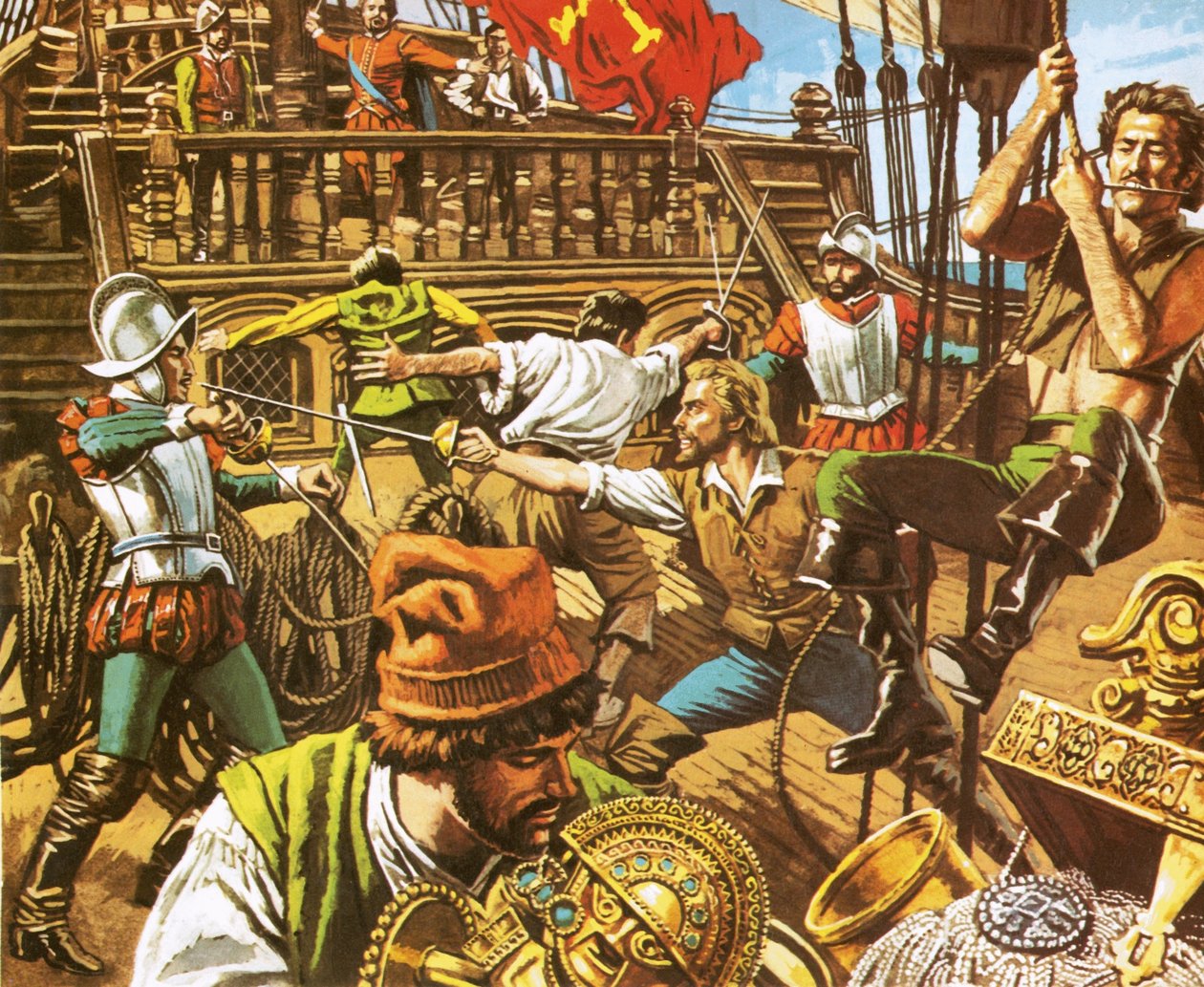 Sir Francis Drake megtámadja a spanyolokat alkotó: Roger Payne