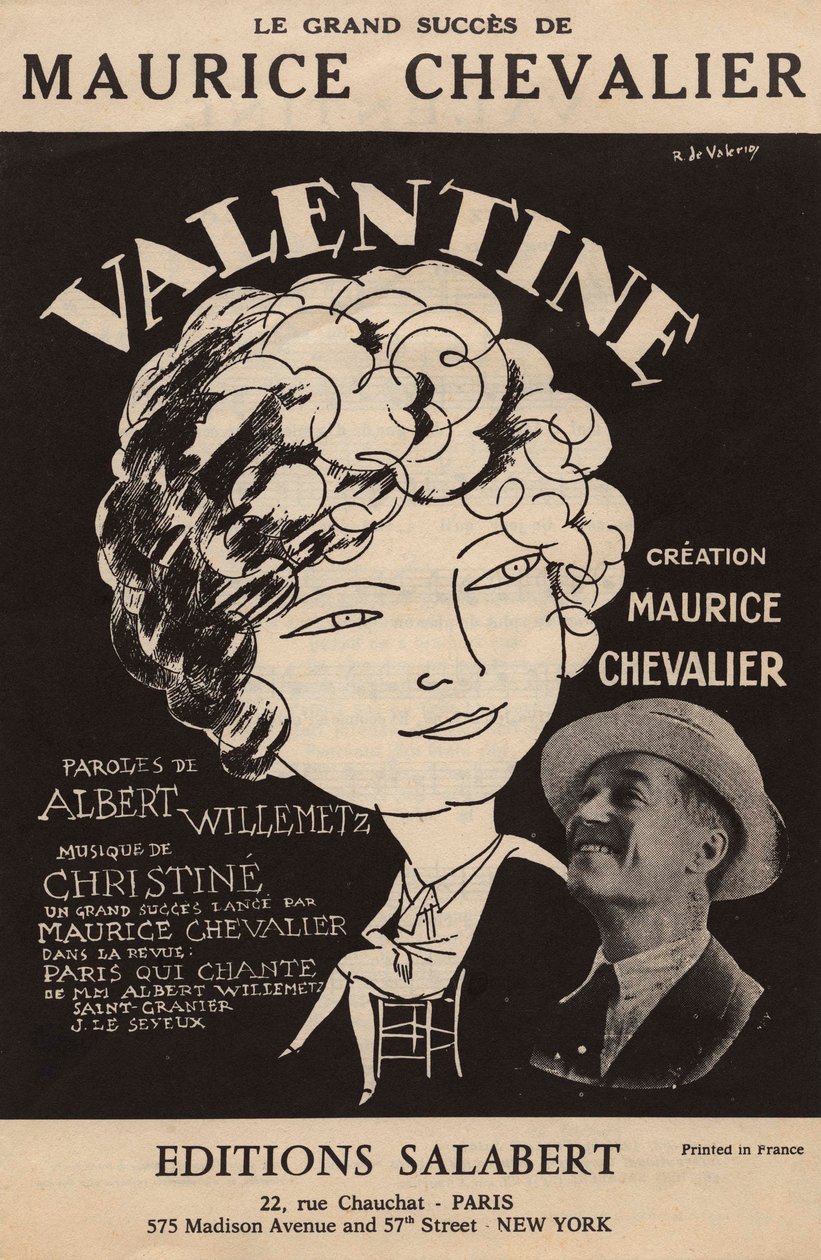 Maurice Chevalier "Valentine" című nagy sikerű filmjének borítója, szöveg: Albert Willemetz, zene: Christine Salabert, 1925 körül (nyomtatás). alkotó: Roger de Valerio