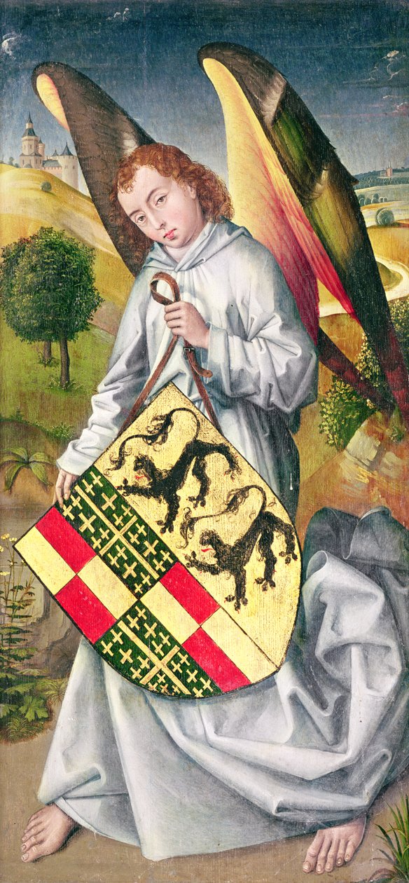 Angyal pajzsot tart a de Chaugy és Montagu családok címeres karjaival a de Jaucourt család két leopárdjával, 1460-66 alkotó: Rogier van der Weyden