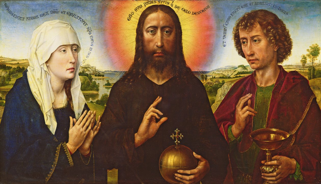 Megváltó Krisztus a Szűzanyával és Szent János evangélistával, a Braque-család triptichonjának központi táblája. alkotó: Rogier van der Weyden