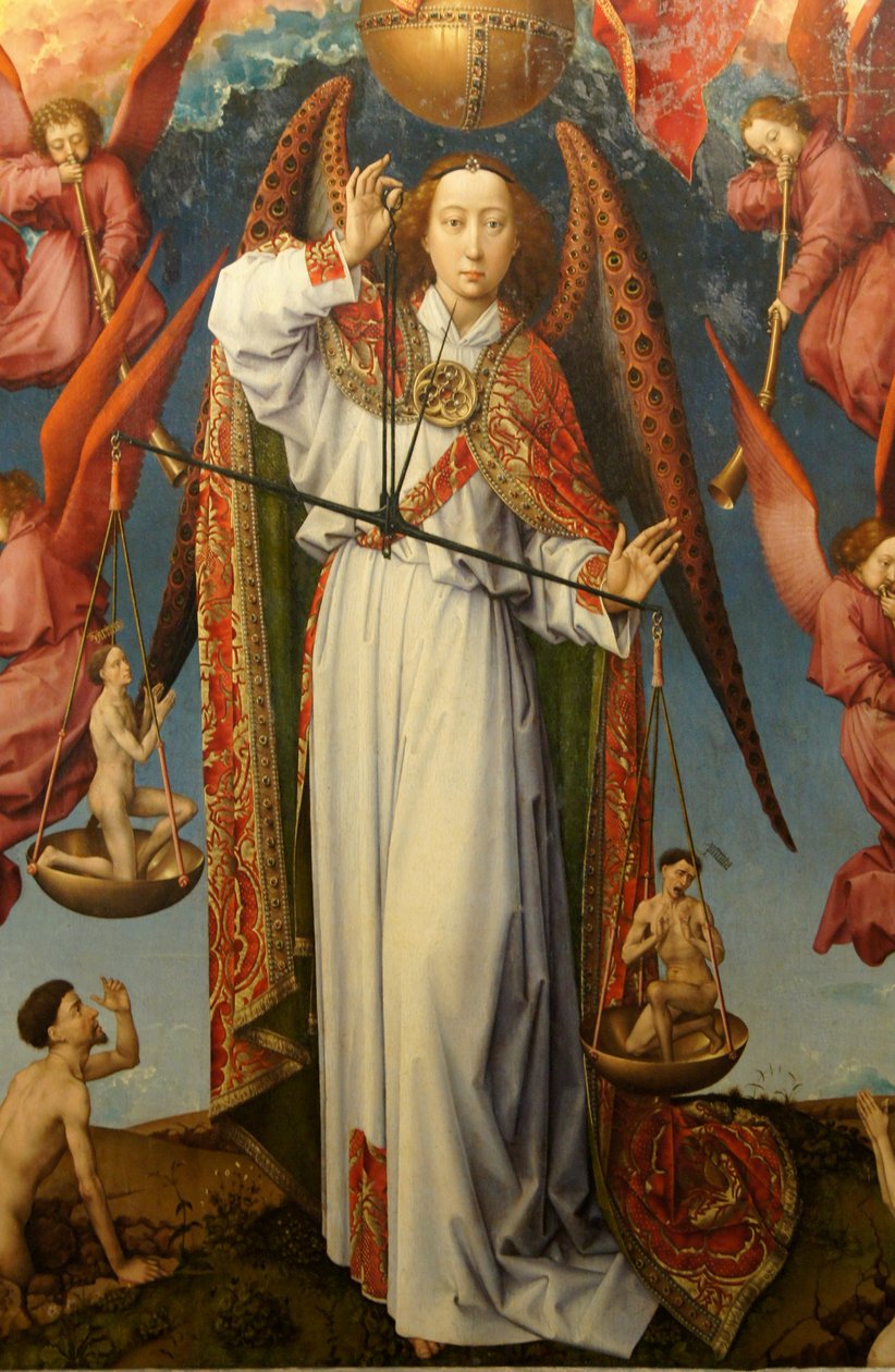 Szent Mihály arkangyal lelkeket mérő közeli képe, az utolsó ítélet oltárképe alkotó: Rogier van der Weyden