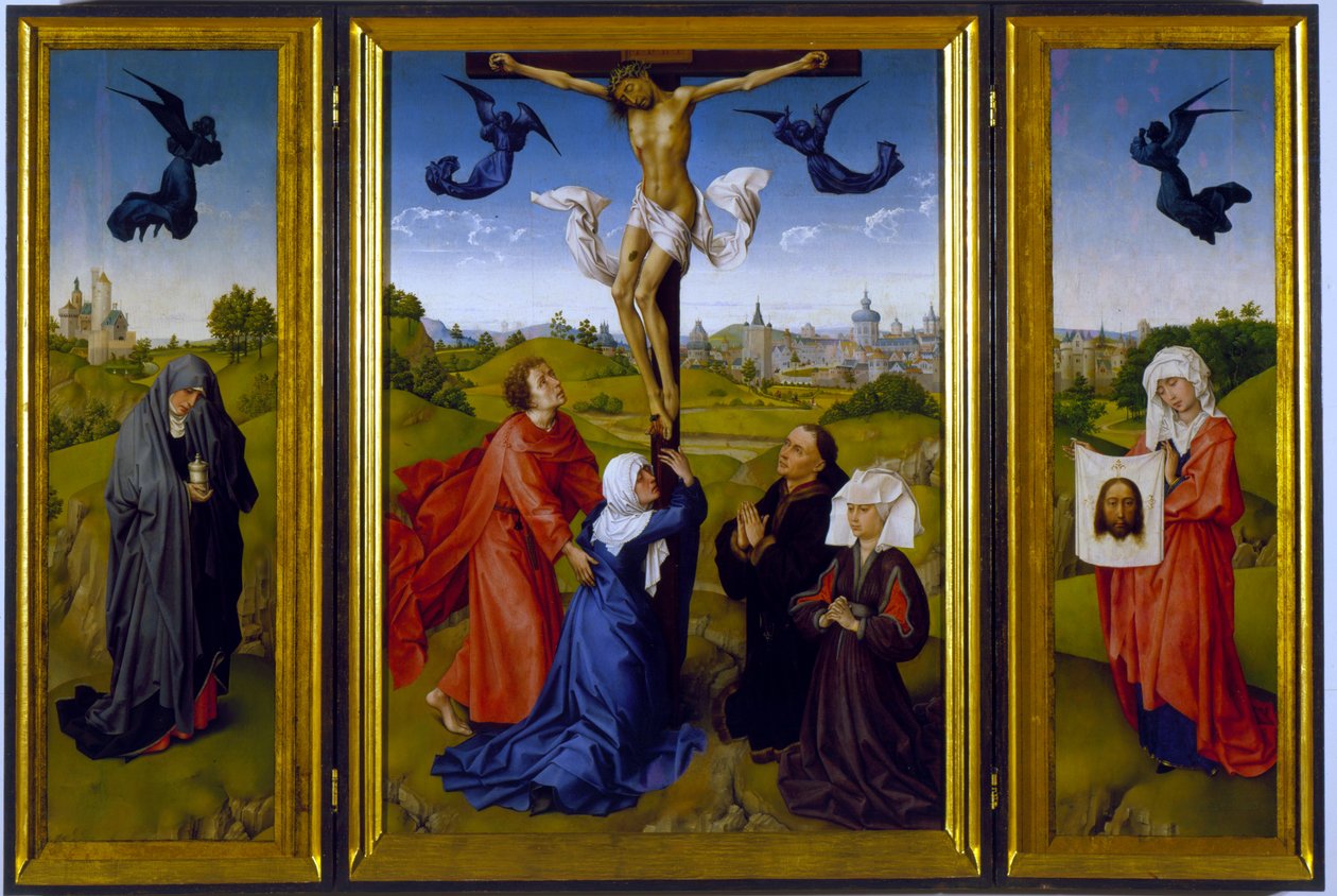 Keresztre feszített triptichon Szent Mária Magdolnával, Szent Veronikával és ismeretlen patrónusokkal, 1440-45 alkotó: Rogier van der Weyden