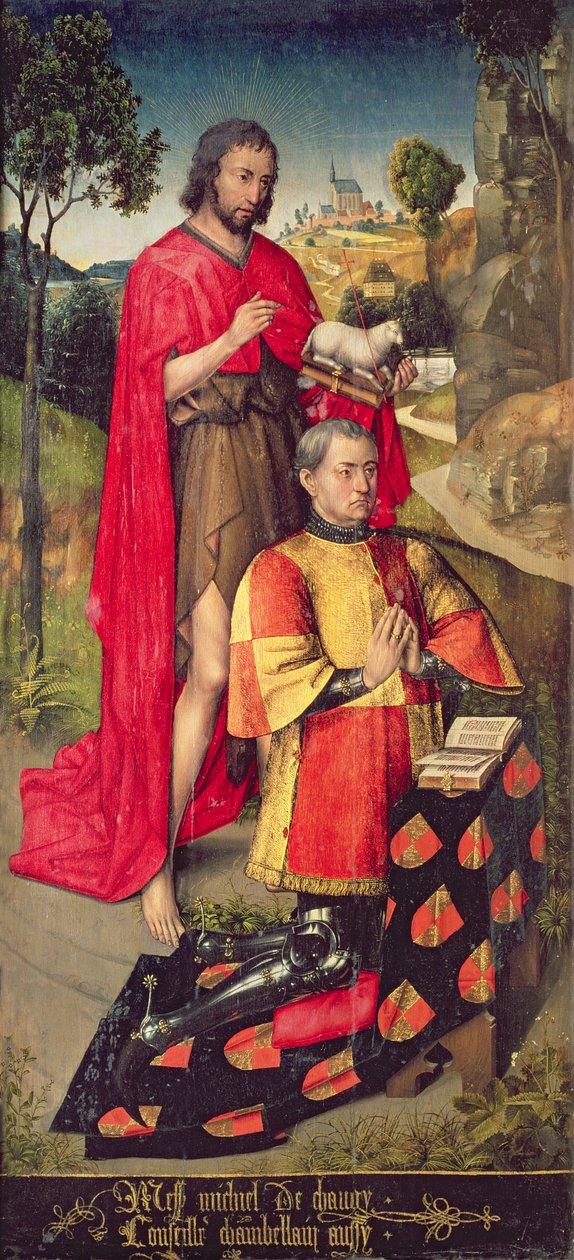 Bal oldali tábla a főoltári poliptichonról, Jean de Chaugyt, az oltárkép adományozójának apját ábrázolja, 1460-66 alkotó: Rogier van der Weyden