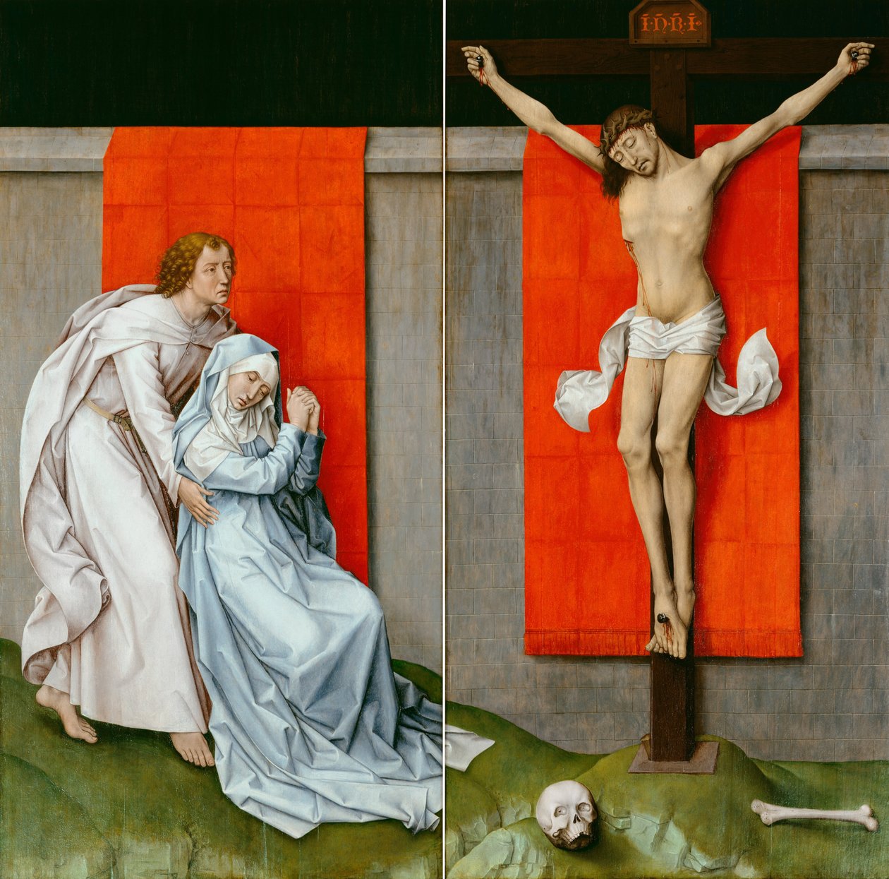 A keresztre feszítés, Szűz és Szent János evangélista gyásszal alkotó: Rogier van der Weyden
