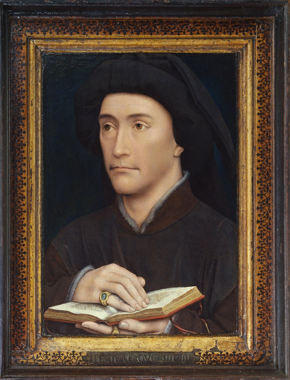 Egy nyitott könyvet tartó férfi portréja (talán Guillaume Fillastre püspök) 1437 előtt (a verset lásd: 65800) alkotó: Rogier van der Weyden
