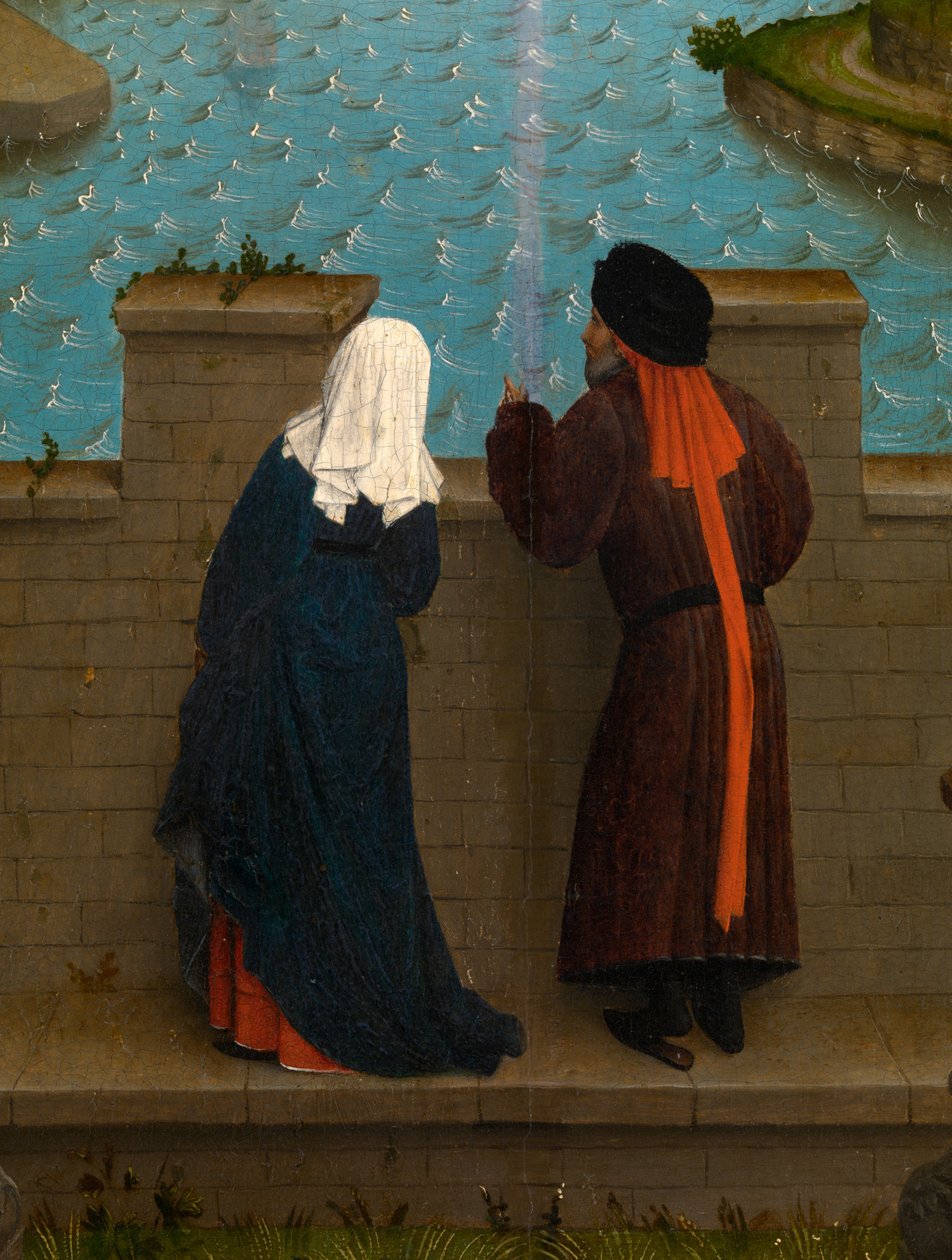 Részlet a Szűzanya portréját rajzoló Szent Lukácsról (olaj, tábla) alkotó: Rogier van der (after) Weyden