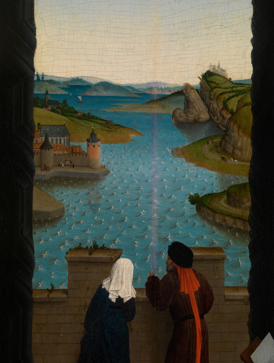 Részlet a Szűzanya portréját rajzoló Szent Lukácsról (olaj, tábla) alkotó: Rogier van der (after) Weyden