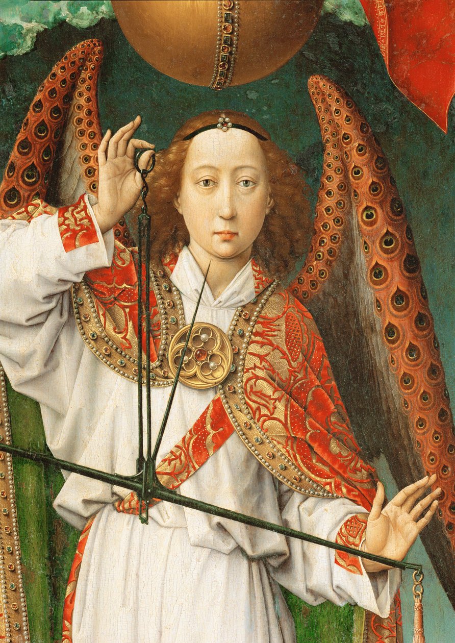 Az utolsó ítélet oltára: Mihály arkangyal a lelkek mérlegelésével, részlet alkotó: Rogier van der Weyden