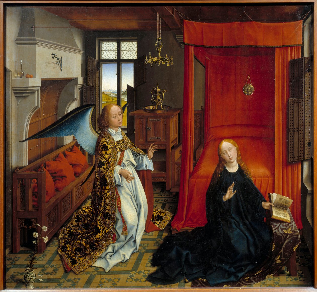 Angyali Üdvözlet. Roger (Rogier) Van Der Weyden (1400-1464) műhelyének festménye Ec. Nagyzolás. alkotó: Rogier van der Weyden