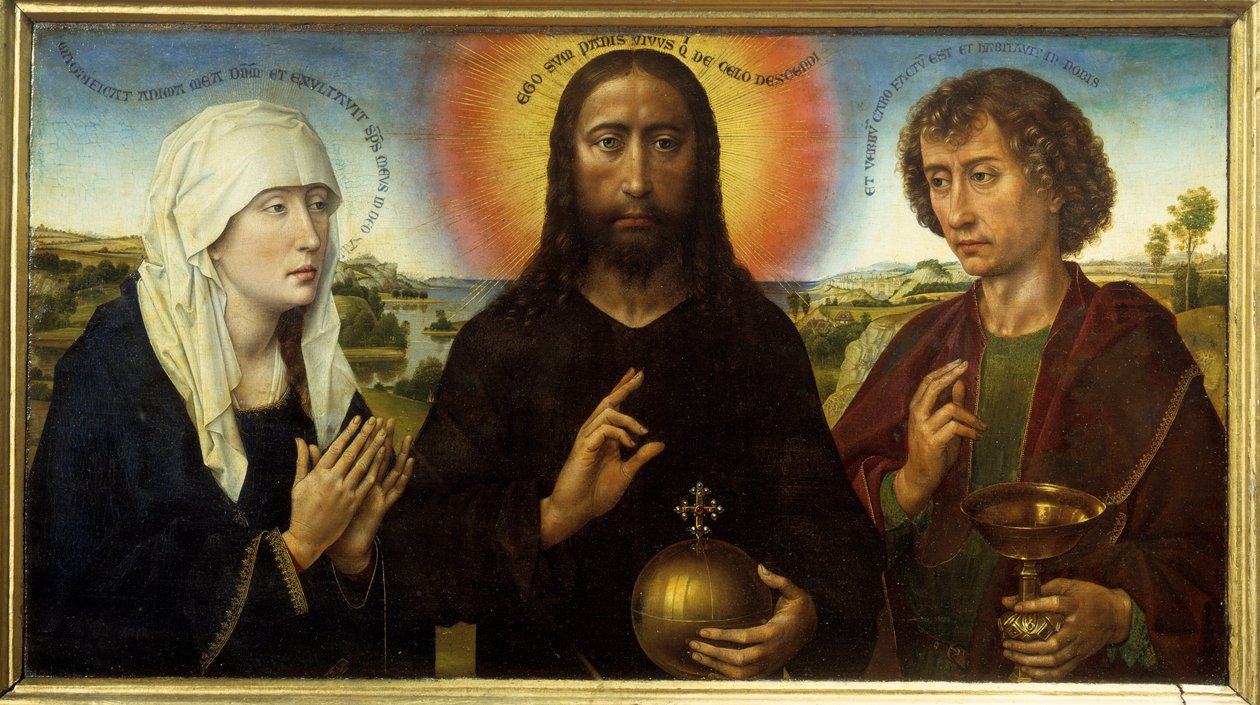 Megváltó Krisztus a Szűz és Szent János evangélista között – mondja a Braque triptichon. Rogier (Roger) Van Der Weyden festménye (1400-1464) alkotó: Rogier van der Weyden