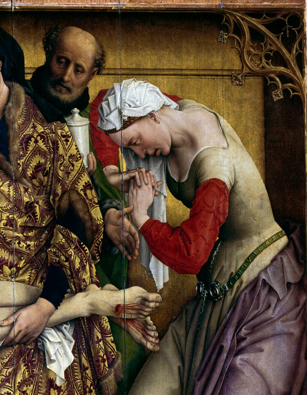 A kereszt lerakása vagy leereszkedése. Sainte Marie Madeleine részlete. Rogier oltárkép (Roger) Van Der Weyden (1400-1464) 1435 Dim. 2,20 x 0,35 m Madrid, Musee du Prado - A lerakódás vagy leszállás a keresztről. Szent Mária Magdolna részlete. Oltárkép alkotó: Rogier van der Weyden