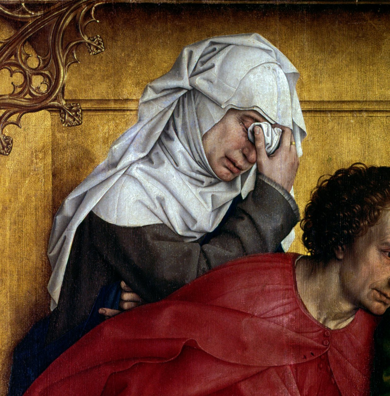 A kereszt lerakása vagy leereszkedése. Részlet a karakter könnyek között. Rogier oltárkép (Roger) Van Der Weyden (1400-1464) 1435 Dim. 2,20 x 0,35 m Madrid, Musee du Prado - A lerakódás vagy leszállás a keresztről. Részlet a gyászszereplőkről. Oltári alkotó: Rogier van der Weyden