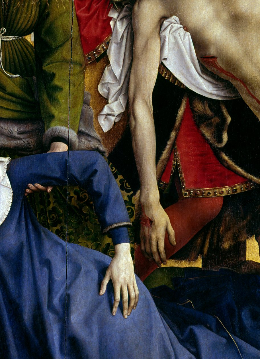 A kereszt lerakása vagy leereszkedése. Részlet az eltűnt szűz és Krisztus kezéről. Rogier oltárkép (Roger) Van Der Weyden (1400-1464) 1435 Dim. 2,20 x 0,35 m Madrid, Prado Múzeum alkotó: Rogier van der Weyden