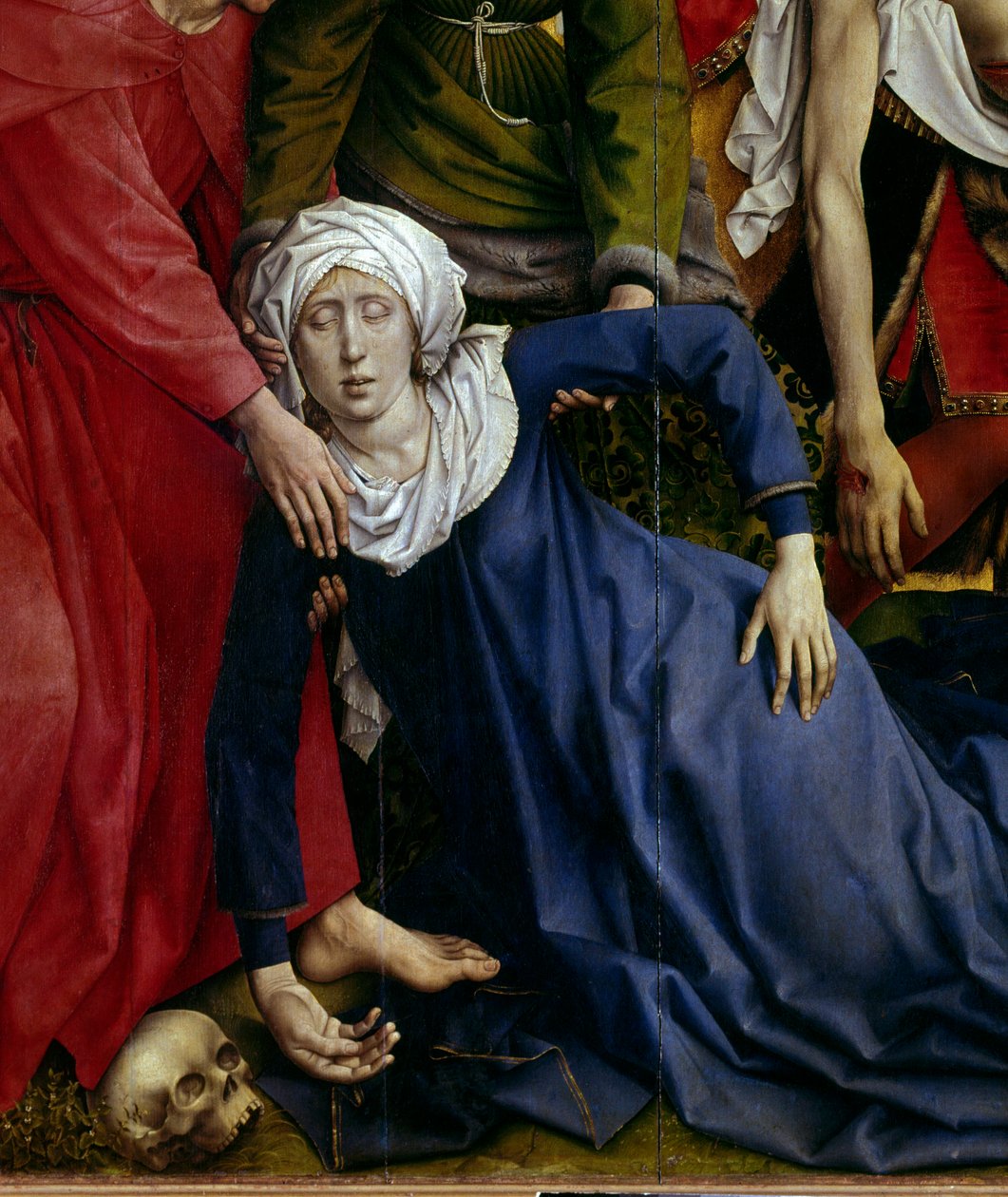 A kereszt lerakása vagy leereszkedése. Részlet az eltűnt szűzről. Rogier oltárkép (Roger) Van Der Weyden (1400-1464) 1435 Dim. 2,20 x 0,35 m Madrid, Musee du Prado - A lerakódás vagy leszállás a keresztről. Részlet a Szűz ájulásáról. Oltárkép által alkotó: Rogier van der Weyden