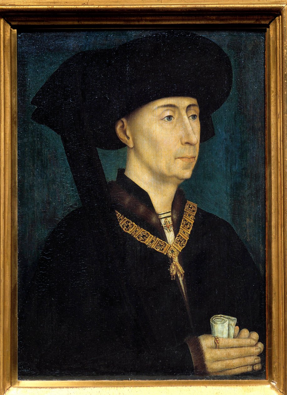 III. Burgundi Fülöp, Jó Fülöp (1396-1467) portréja Az Aranygyapjas Rend kitüntetését viseli. Roger (Rogier) van der Weyden (1400-1464) festménye 1445 Dim. 0,31x0,23 m Dijon, musee des Beaux Arts – II. Fülöp portréja alkotó: Rogier van der Weyden