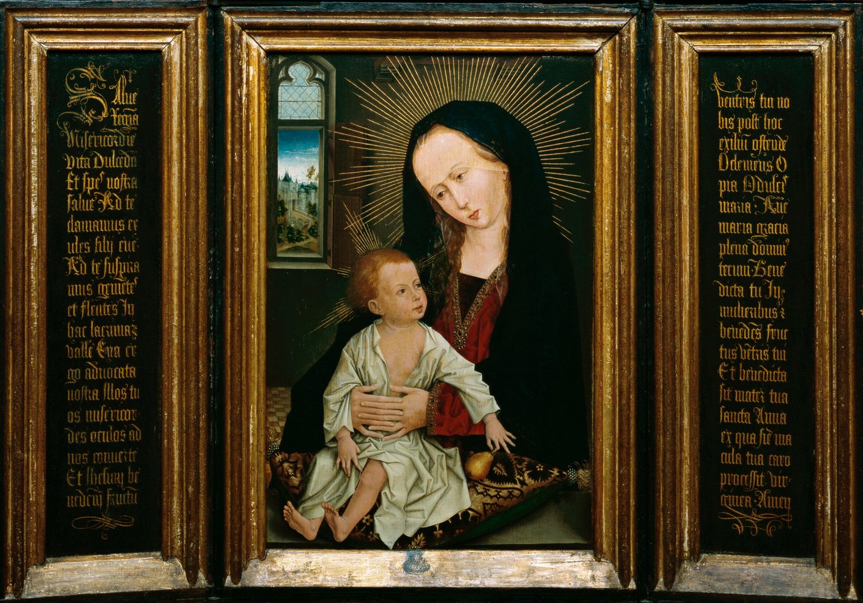Salve Regina (Salve, O Queen, katolikus ima), a Szűz és a Gyermek ábrázolása körtével (olaj, fa) alkotó: Rogier van der Weyden