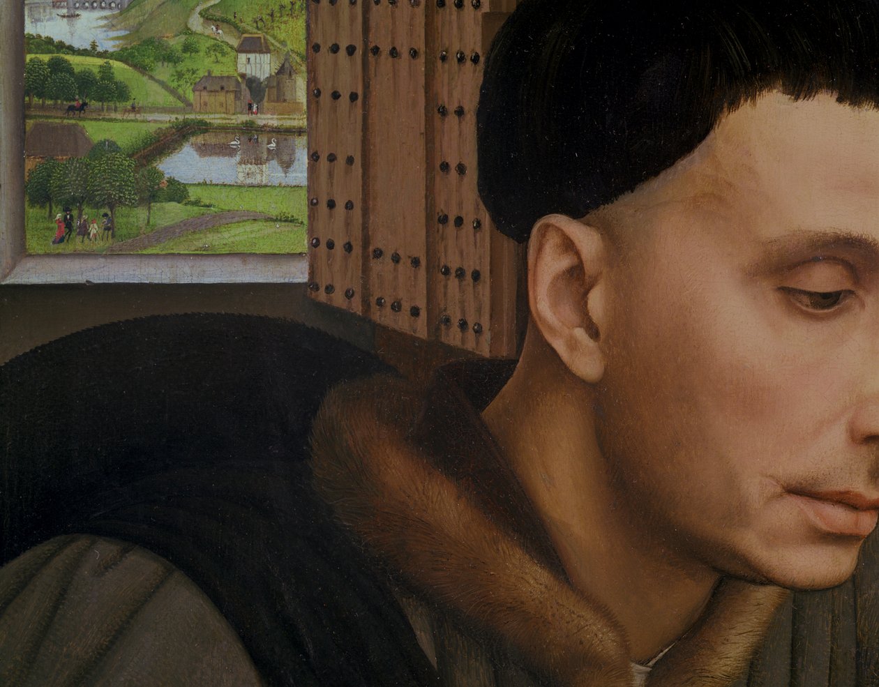 Szent Ivo , az ablak és a Szent Ivo fej részlete, 1450 körül alkotó: Rogier van der Weyden