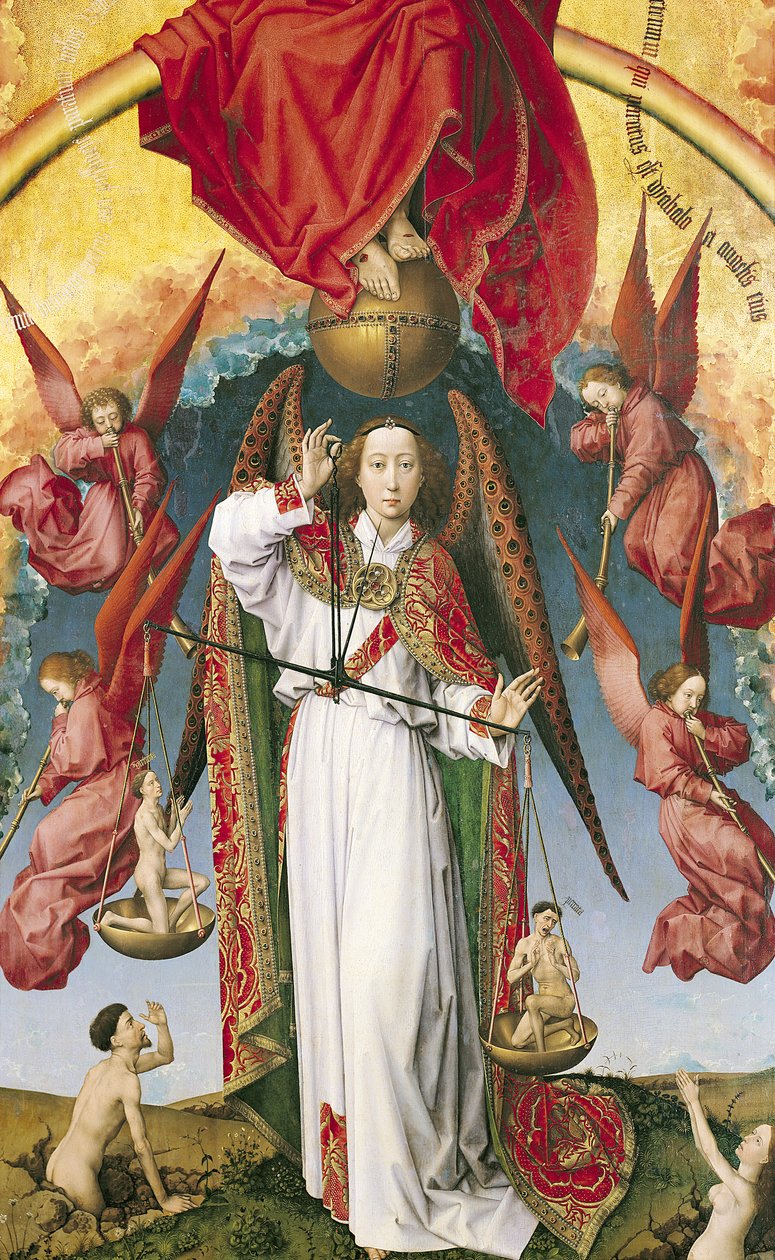 Szent Mihály a lelkeket mérlegelve, az utolsó ítéletből, 1445-50 körül (170072 részlet) alkotó: Rogier van der Weyden