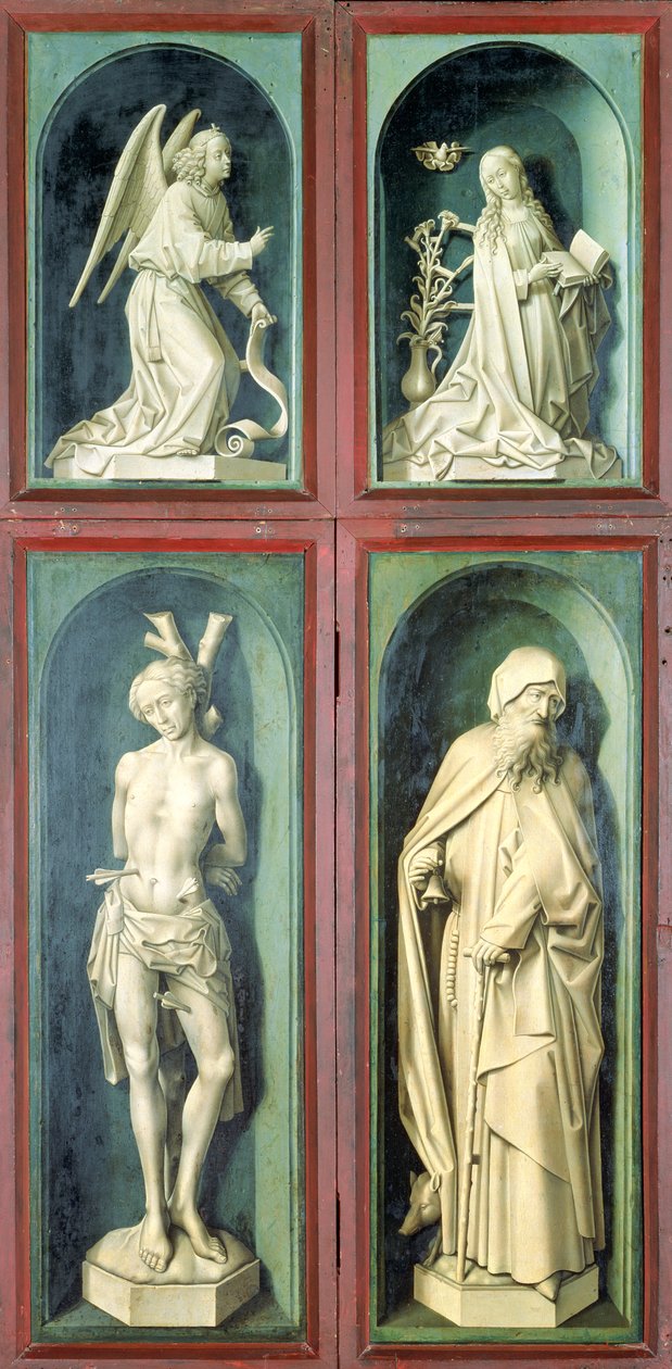 Az Angyali üdvözlet, Szent Sebestyén, Nagy Szent Antal és a két adományozó, panelek az Utolsó ítélet hátoldaláról, 1445-50 körül (olaj, tábla) alkotó: Rogier van der Weyden