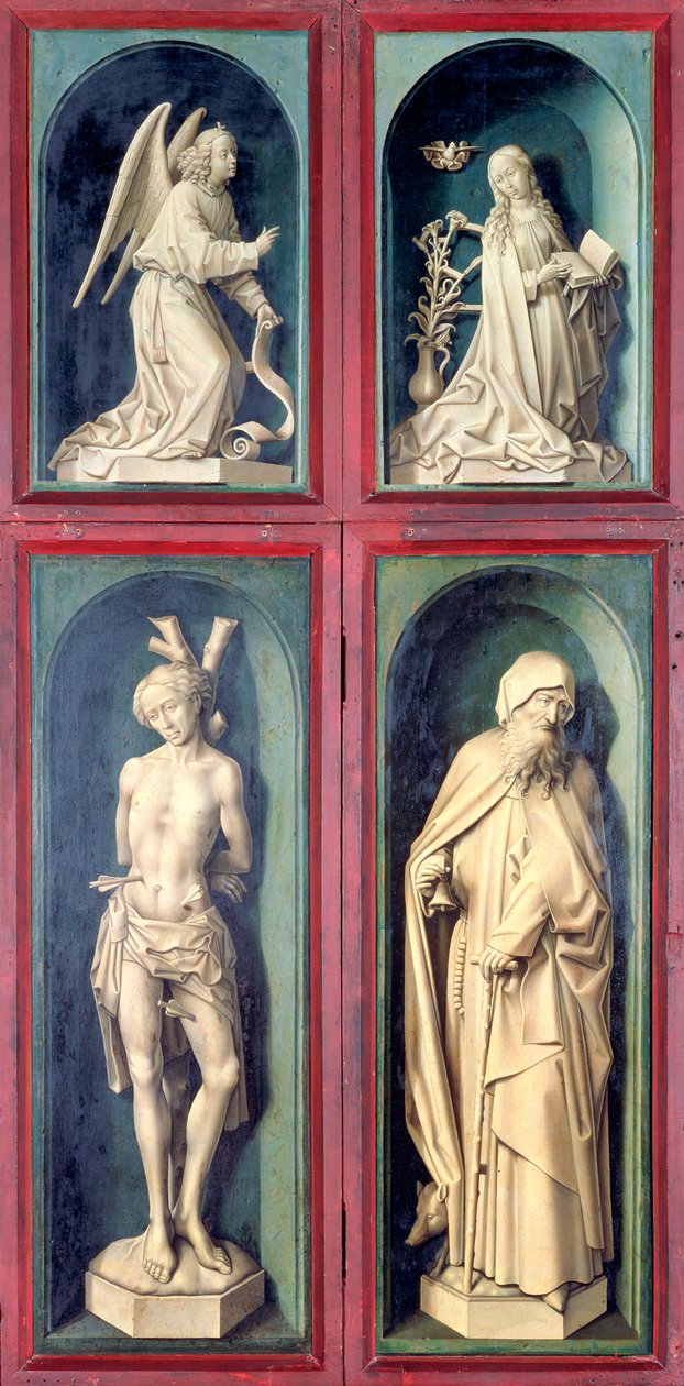 Angyali üdvözlet, Szent Sebestyén és Nagy Szent Antal, panelek az Utolsó ítélet hátoldaláról, 1445-50 körül alkotó: Rogier van der Weyden