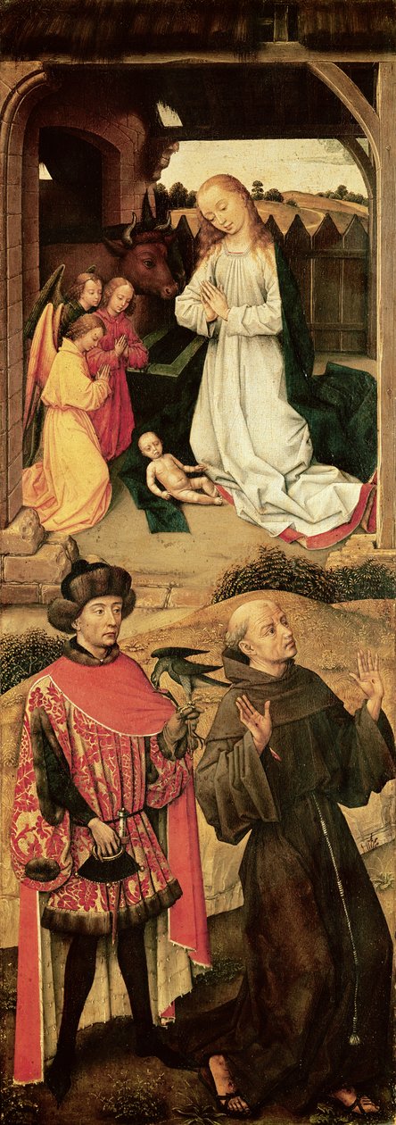 Kálvária-triptichon (bal oldali tábla, a felső részen a Születés, az alsó részen Assisi Szent Ferenc és valószínűleg Szent Julianus kegyúr). alkotó: Rogier van der Weyden