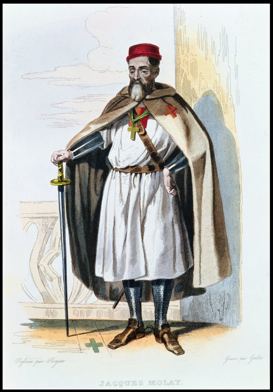 Jacques de Molay (1243-1314 körül), a templomos lovagok mestere, illusztráció E. Mennechet "Le Plutarque Francais" című művéből, Geille metszete, 1835. alkotó: Roguer