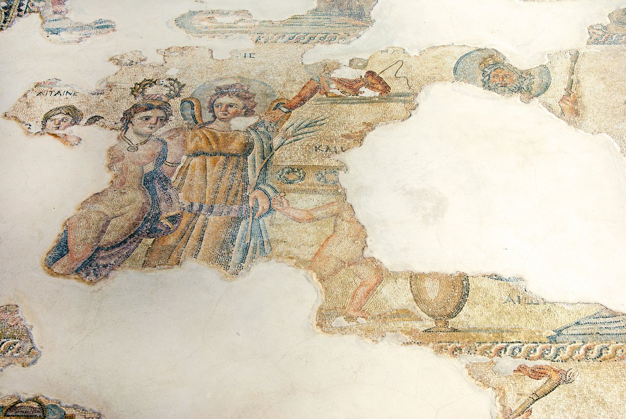 Szépségverseny Cassiopeia és a Nereidák között, az Aion, House of Aion, Paphos, Ciprus bírálata (mozaik) alkotó: Roman