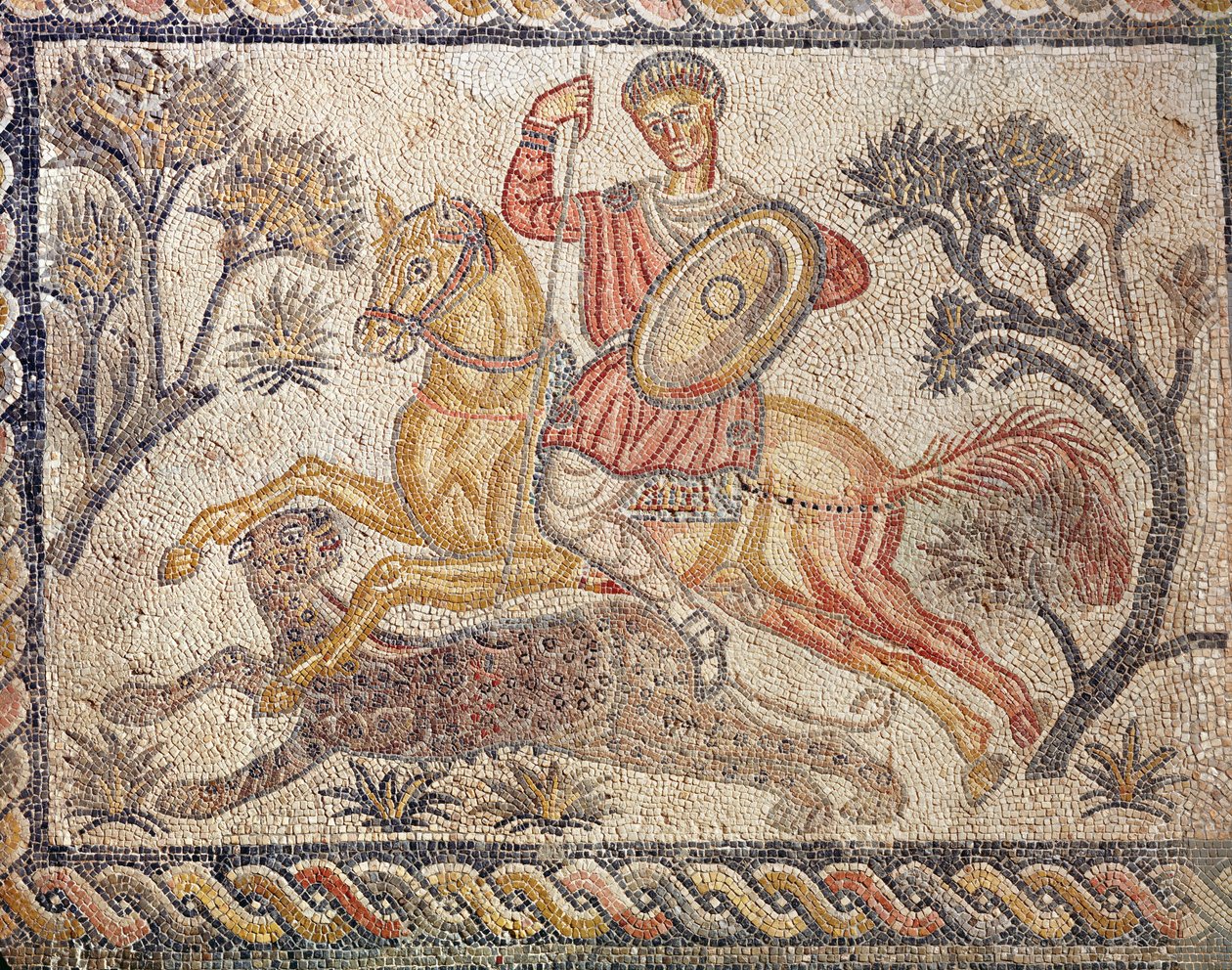 Leopárdvadászatot ábrázoló mozaik, a Villa de las Tiendasból, 326-400 körül (mozaik) alkotó: Roman