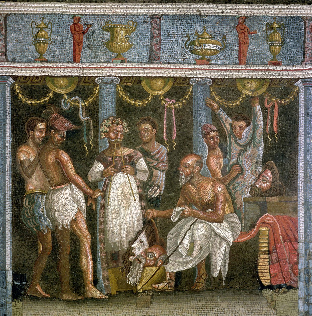 Színészek, akik egy szatírdarabhoz próbálnak, i.sz. 62-79 körül (mozaik) alkotó: Roman