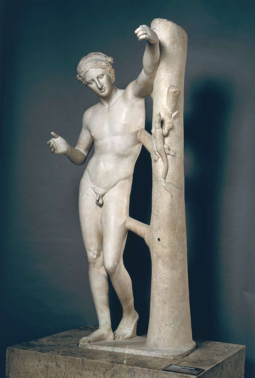 Apollo Sauroktonos (Gyíkgyilkos) Egy görög bronz római másolata, amelyet Kr.e. 350 körül készítettek és Praxitelesnek (i.e. 370-339) tulajdonítottak (márvány) alkotó: Roman