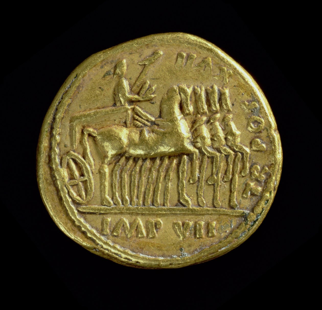 Tiberius (Kr. u. 14-37) Aureus (fordítva), amely a császárt egy négylovas szekéren ábrázolja, jobbra. (arany) Felirat: TR POT XVII IMP VII (előlapját lásd: 119137) alkotó: Roman