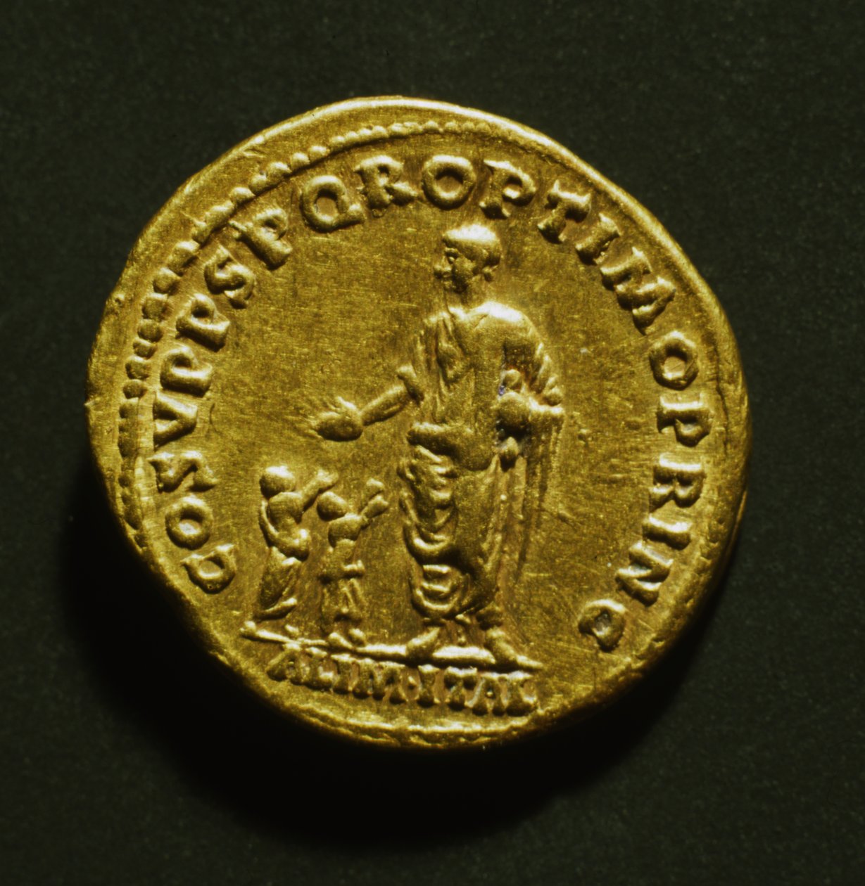 Aureus, Traianus szegény gyermekeknek való ételosztásának emlékére, Kr. u. 107 (arany) alkotó: Roman