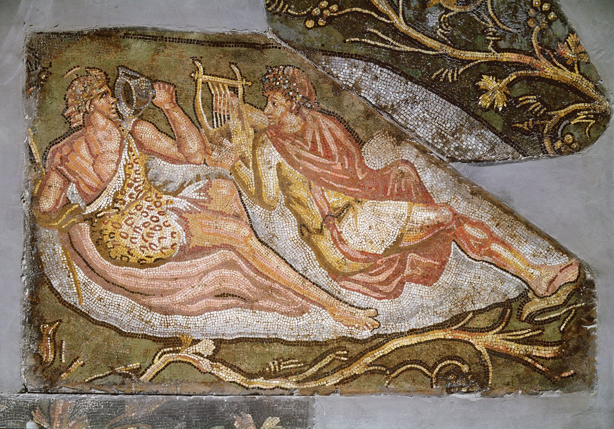 Bacchus fekvő, részlet a Lycurgus büntetése című filmből, 2-3. század (mozaik) alkotó: Roman