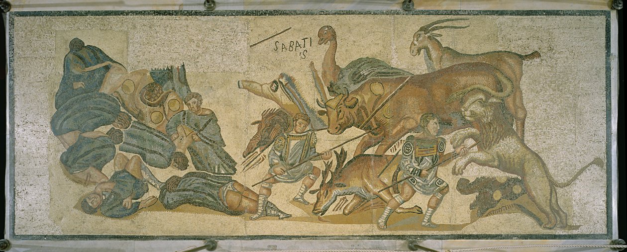 Csata gladiátorok és állatok között, i.sz. 320 (mozaik) alkotó: Roman