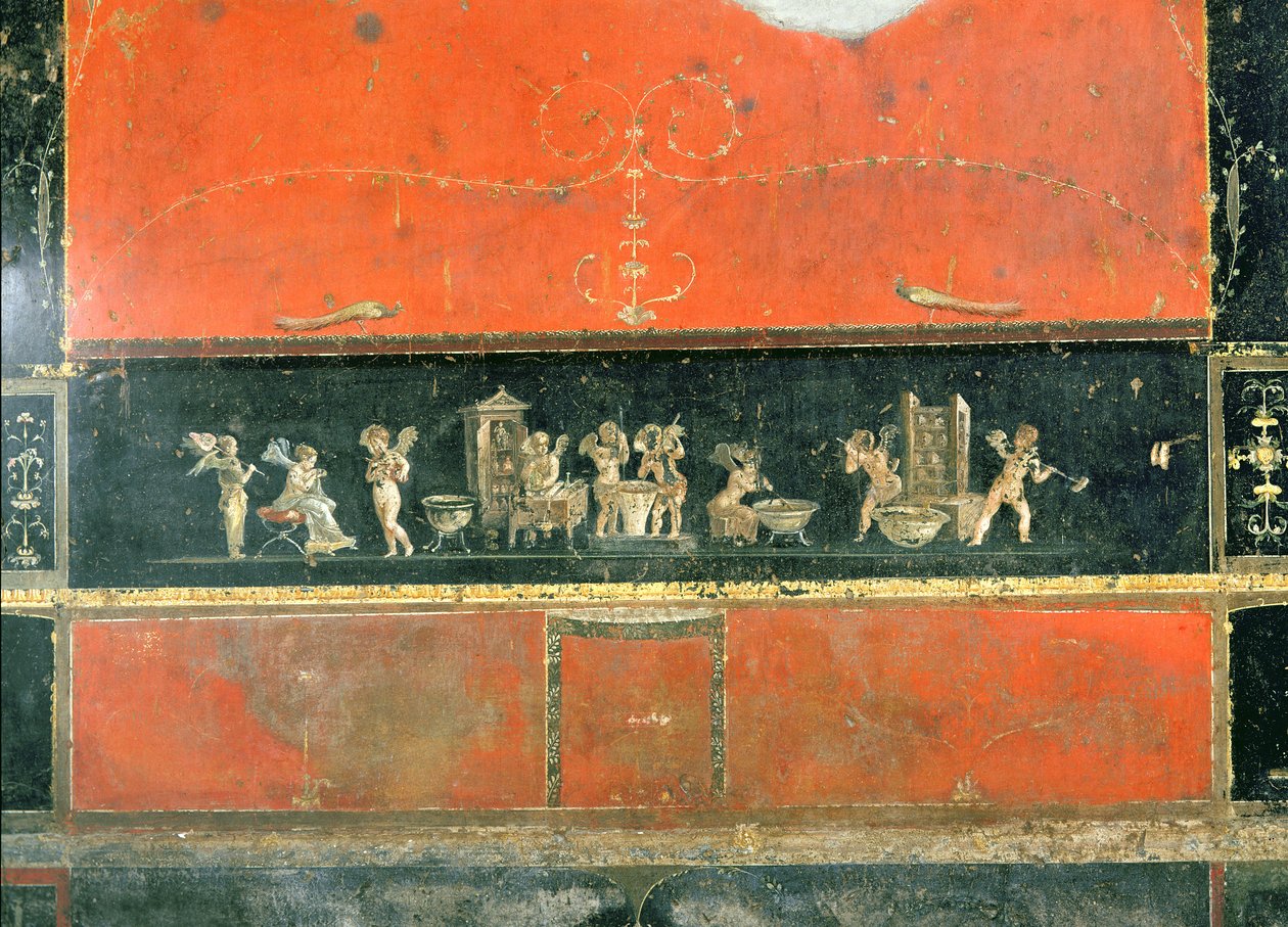 Napi tevékenységet folytató kerubok a Casa dei Vettii oecusából (a Vettii háza) i.sz. 50-79 körül alkotó: Roman