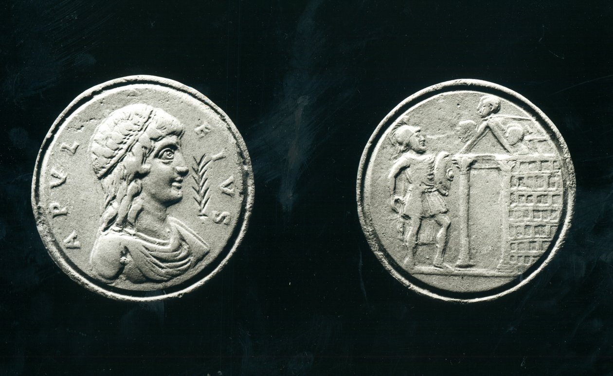 Apuleiust (Kr.u. 124 körül - Kr.u. 170 után) ábrázoló kontorniátum és egy templom előtt álló katonát ábrázoló hátlap, 4-5. század (bronz) (lásd még 136304). alkotó: Roman